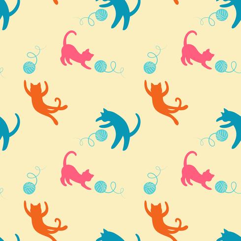 Seamless pattern with cute colored playing cats. Repeating cats background  vector