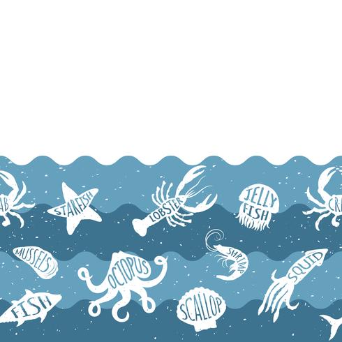 Horizontal repeating pattern with seafood products. Seafood seamless banner with underwater animals. Tile design for restaurant,  fish food industry or market shop. vector