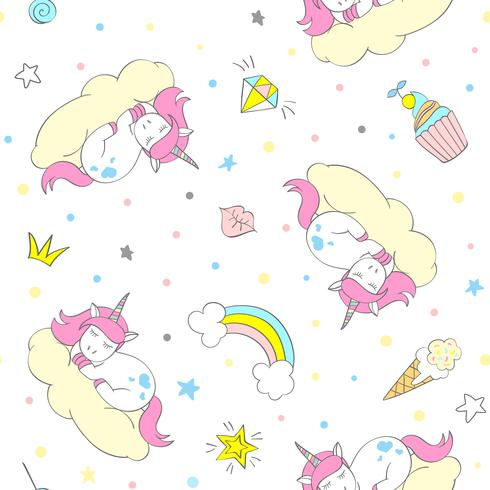 Patrón de unicornio de vector inconsútil para textiles de niños, estampados, papel de pared, sccrapbooking. Garabatee el unicornio lindo con los elementos del doodle que repiten el fondo.