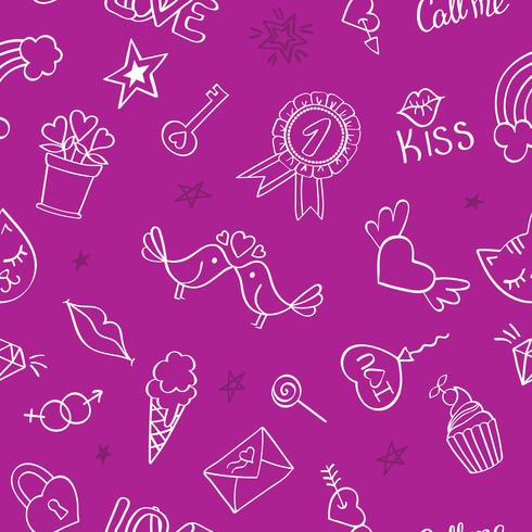 Seamless pattern with hand drawn girly doodles. Repeating background with childish sketch design elements for textile, wallpaper, scrapbooking. vector