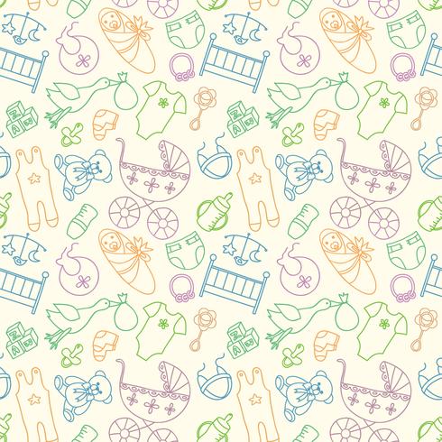 Vector seamless pattern with baby elements. Newborn clothes and accessories repeating background in doodle style for textile, wrapping paper, scrapbooking.