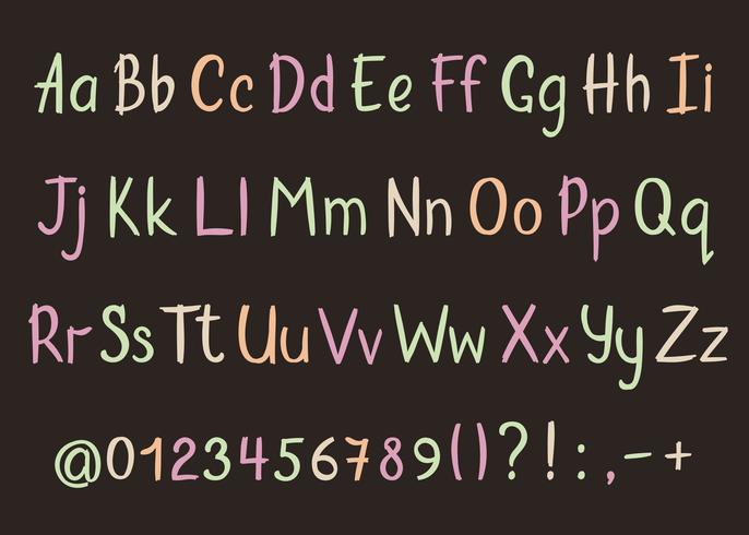 Coloful alphabet in sketchy style. Vector handwritten pencil letters, numbers and punctuation marks. Brush pen handwriting font.