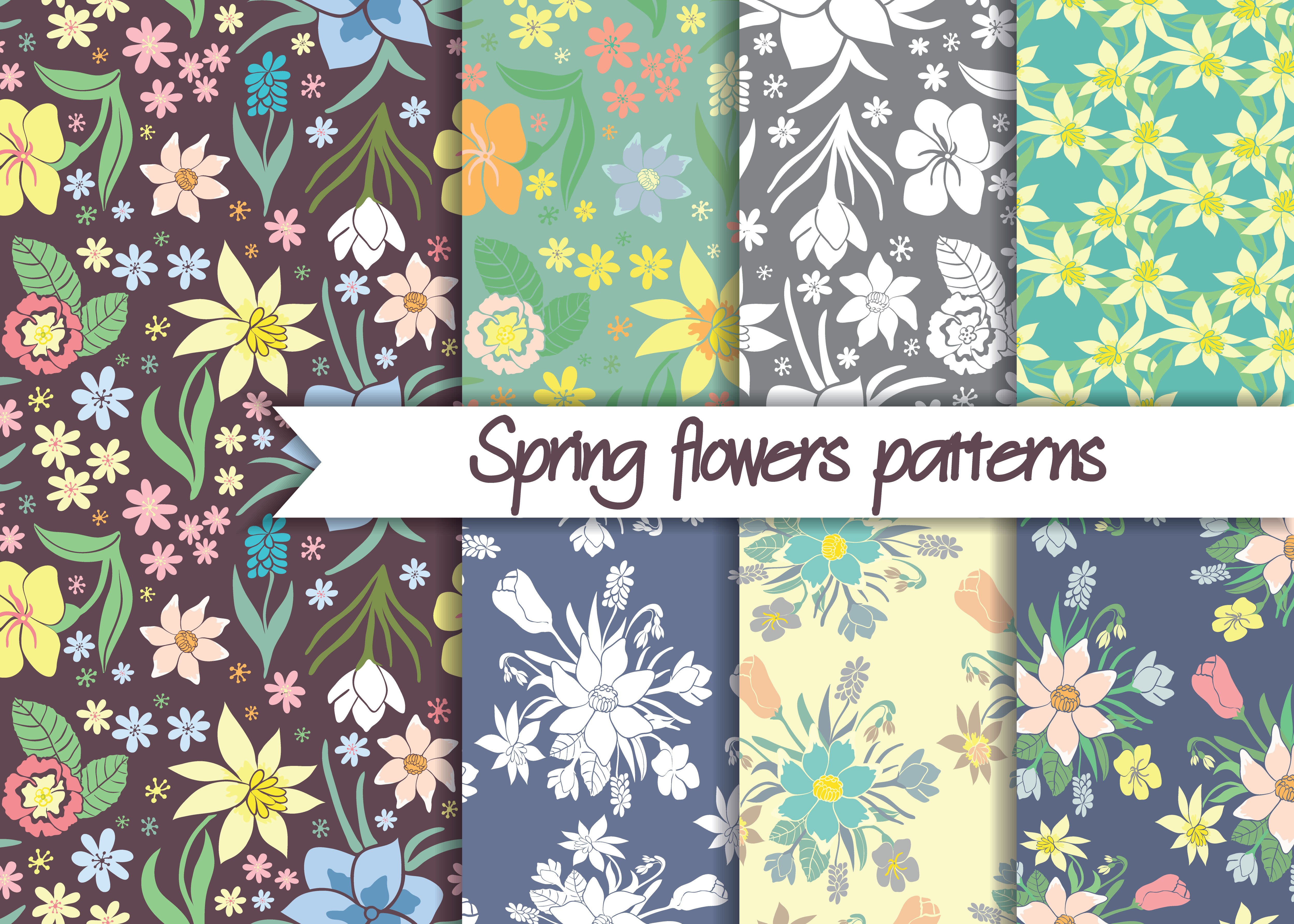 Spring flowers patterns. Set of seamless colorful vector patterns