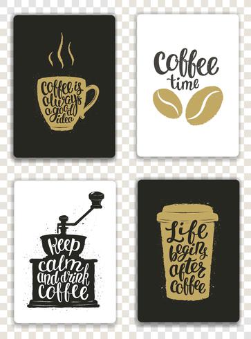 Conjunto de tarjetas modernas con elementos de café y letras. Plantillas de moda hipster para volantes, invitaciones, diseño de menú. Colores negro, blanco y dorado. Ilustración de vector de caligrafía moderna.