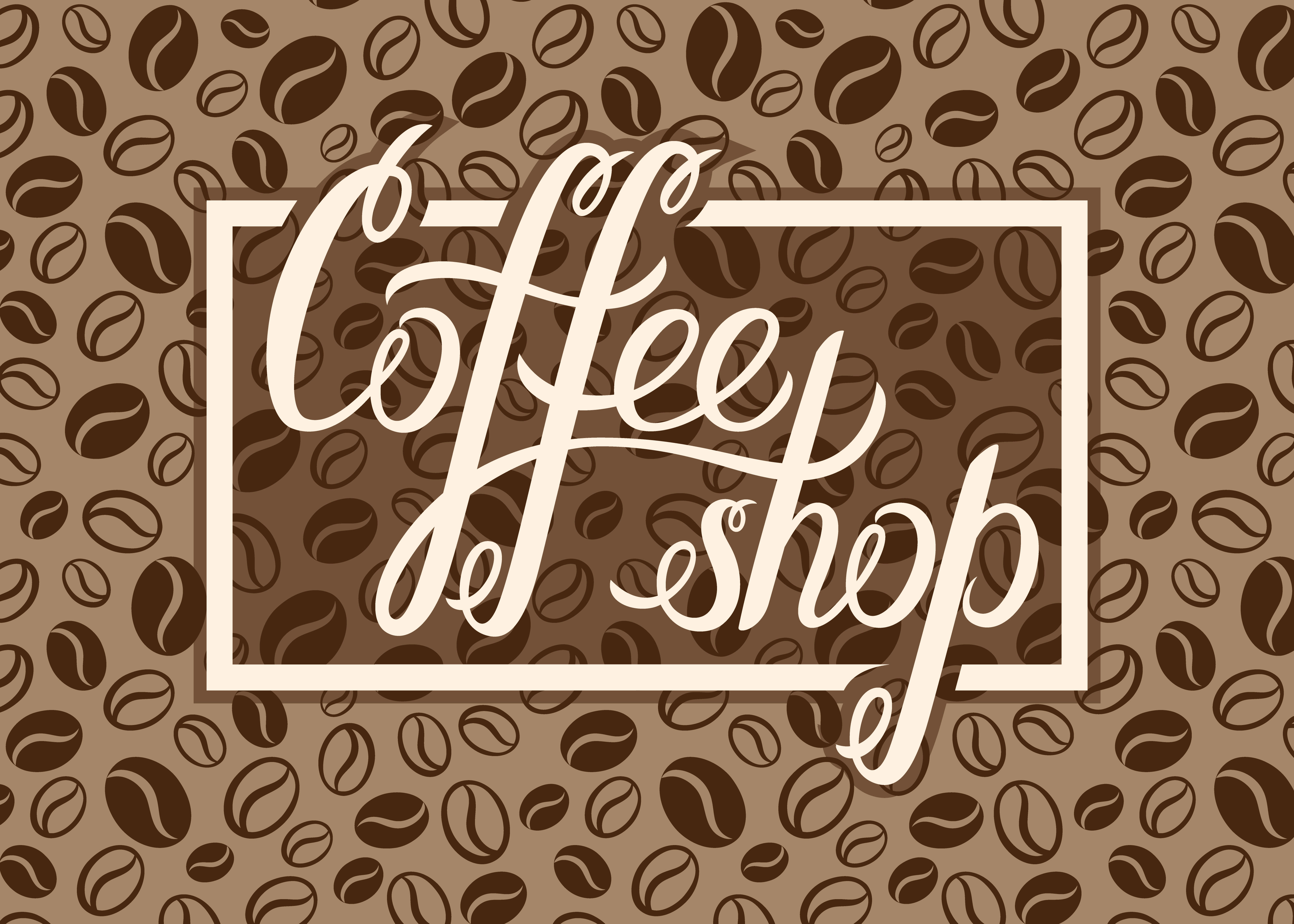 Vector Coffee shop logo on coffee beans background for menu, cards