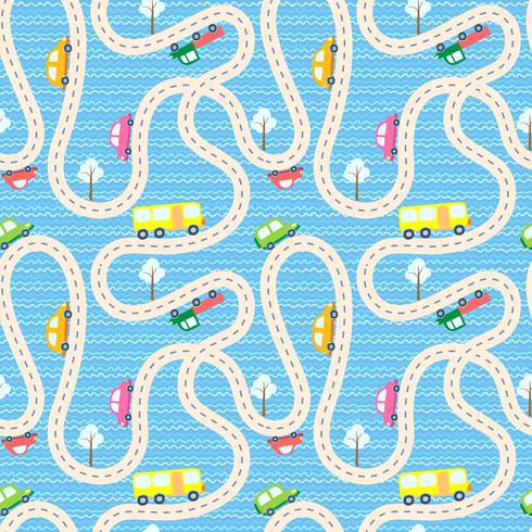 Vector seamless background with cartoon roads and cars. 