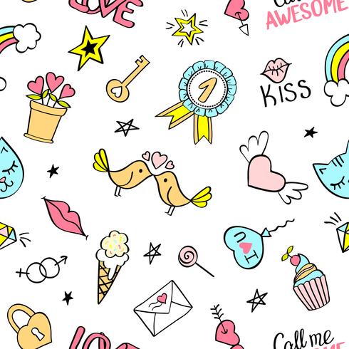 Seamless pattern with hand drawn girly doodles. Repeating background with childish sketch design elements for textile, wallpaper, scrapbooking. vector