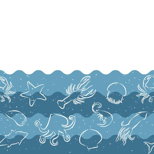 Patrón de repetición horizontal con productos del mar. Bandera inconsútil de los mariscos con los animales subacuáticos. Diseño de azulejos para restaurante, industria de alimentos de pescado o tienda de mercado. vector