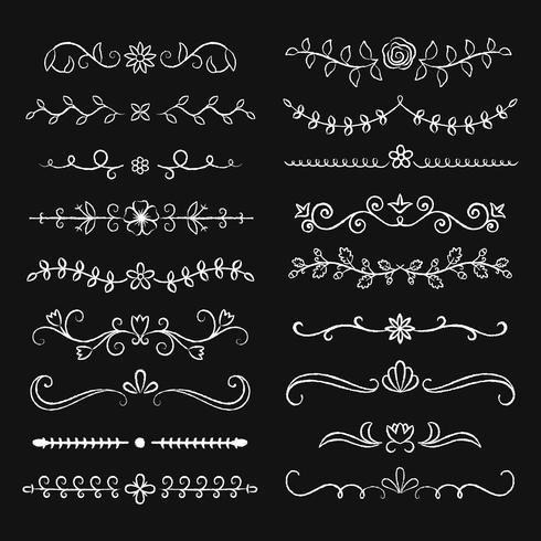 Collection of  hand drawn flourish text dividers with chalk effect. Doodle chalk botanical borders for typography design, invitations, greeting cards. Calligraphic and floral design elements. vector