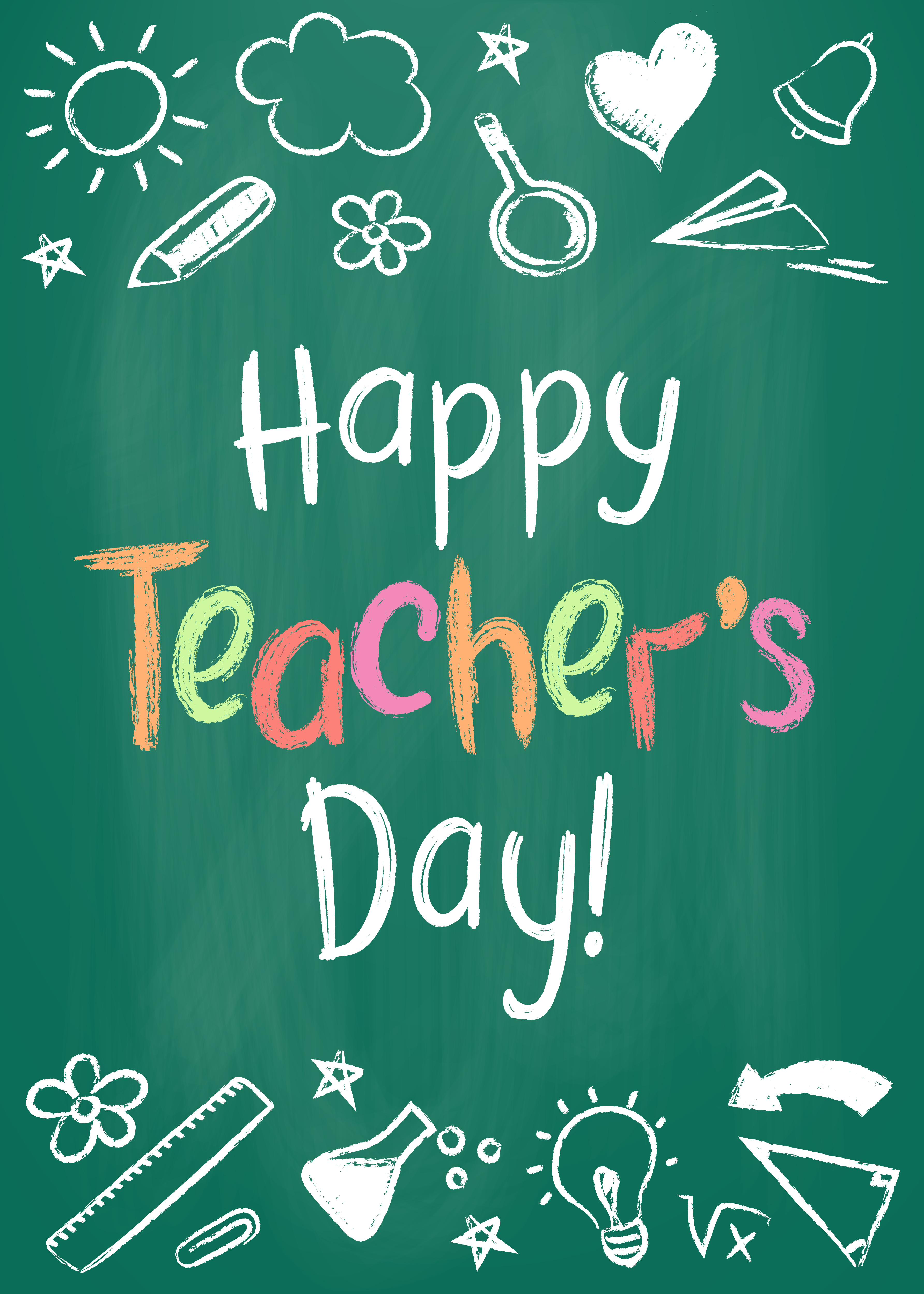 Happy Teachers Day greeting card or placard on green chalk 