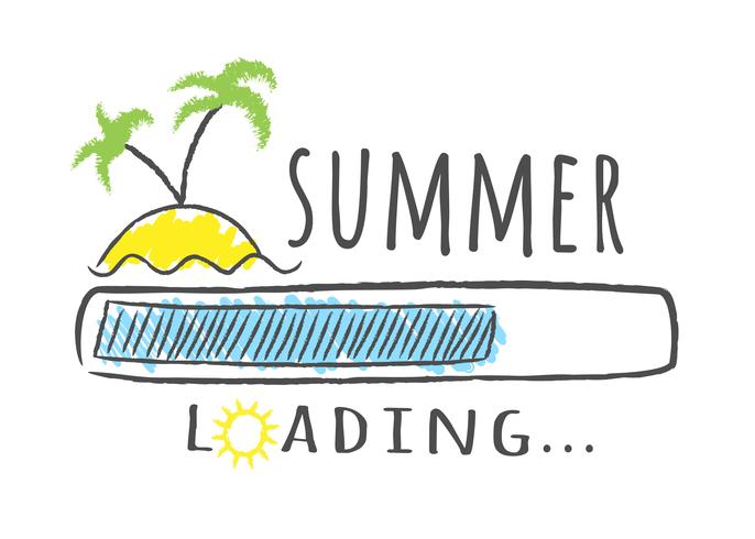 Progress bar with inscription - Summer loading and palms on the beach in sketchy style. Vector illustration for t-shirt design, poster or card.