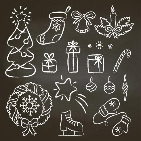 Conjunto de Navidad de garabatos de contorno de tiza dibujados a mano. Ilustración con elementos de tiza de navidad en tablero negro árbol de navidad, bastón de caramelo, corona, copos de nieve, mitones, regalos. vector