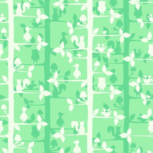 Seamless vector pattern with trees and forest birds and animals.