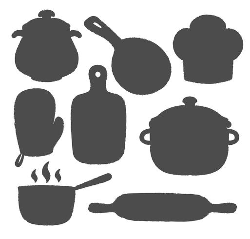 Colección de etiqueta o logo de cocina. Siluetas de utensilios de cocina e iconos de suministros de cocina. vector