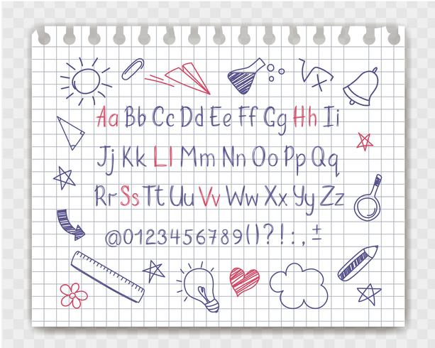 Alphabet in sketchy style with school doodles on copybook sheet. Vector handwritten pencil letters, numbers and punctuation marks. Ink pen handwriting font and doodle design elements.