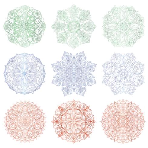 Set of 9 hand-drawn vector Arabic mandala on white background. Round abstract ethnic oriental ornament.