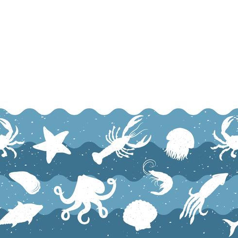 Patrón de repetición horizontal con productos del mar. Bandera inconsútil de los mariscos con los animales subacuáticos. Diseño de azulejos para restaurante, industria de alimentos de pescado o tienda de mercado. vector