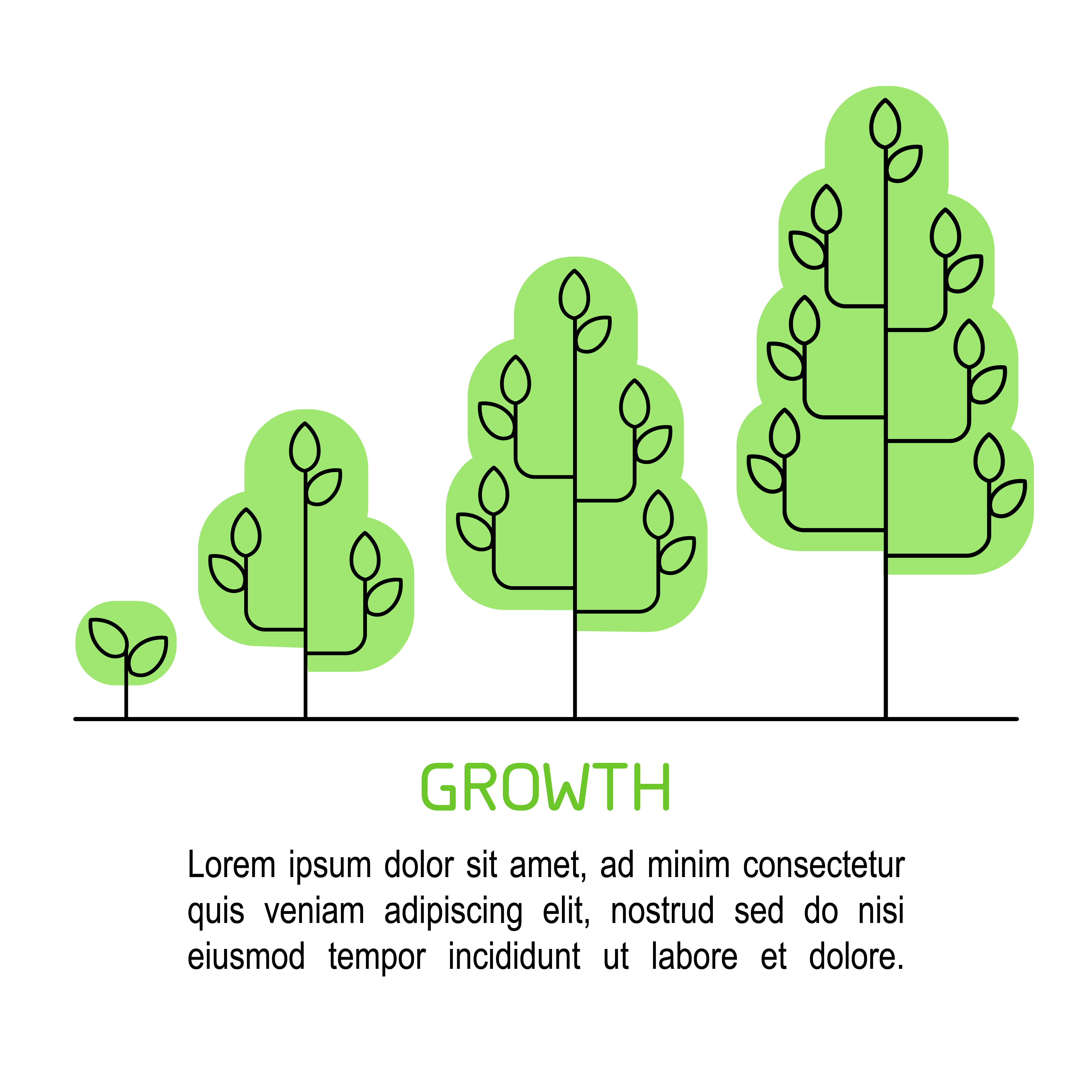Tree growing process infographics. Growth concept line art icons