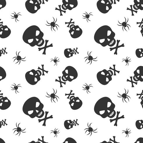 Modelo inconsútil del vector con los cráneos y las arañas. Fondo de Halloween repitiendo cráneos para impresión textil, papel de regalo o álbum de recortes.