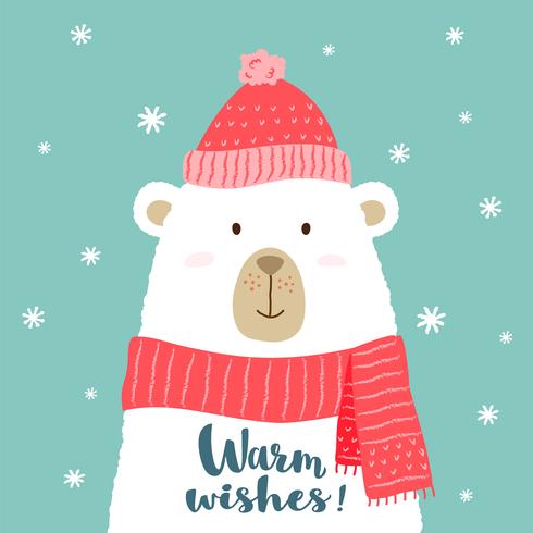 Vector illustration of cute cartoon bear in warm hat and scarf with hand written lettering - Warm Wishes - for placards, t-shirt prints, greeting  christmas cards.