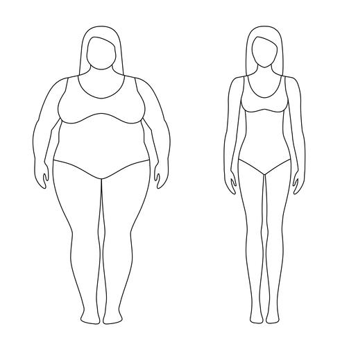 Contoured illustration of a woman before and after weight loss. Female body. Successful diet and sport concept. Slim and fat girls. vector