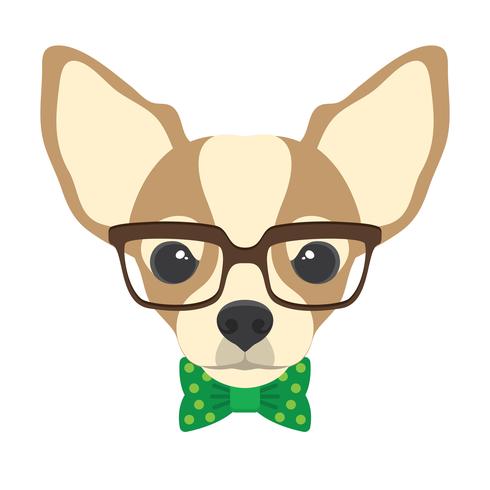 Retrato de perro chihuahua con gafas y pajarita en estilo plano. Vector el ejemplo del perro del inconformista para las tarjetas, impresión de la camiseta, cartel.