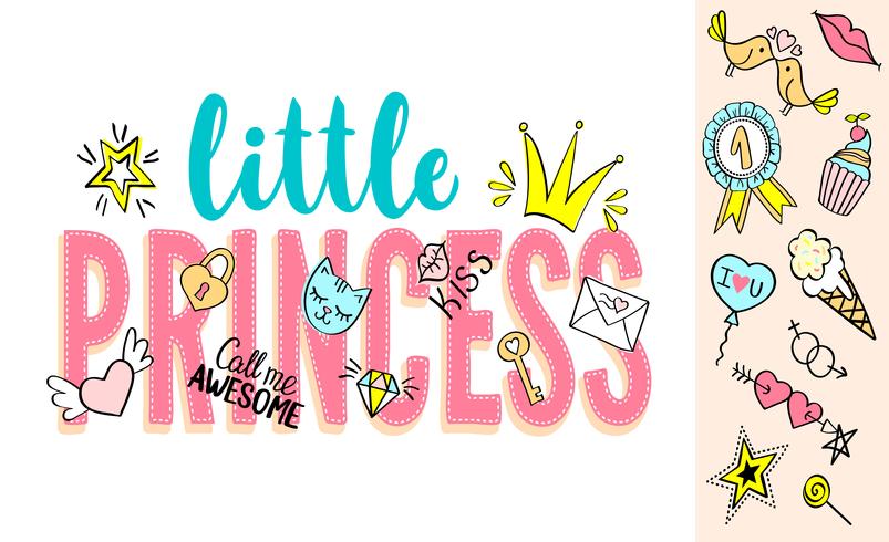 Letras de la pequeña princesa con garabatos femeninos y frases dibujadas a mano para el diseño de tarjetas, camiseta para niña, pósters. Lema dibujado a mano. vector