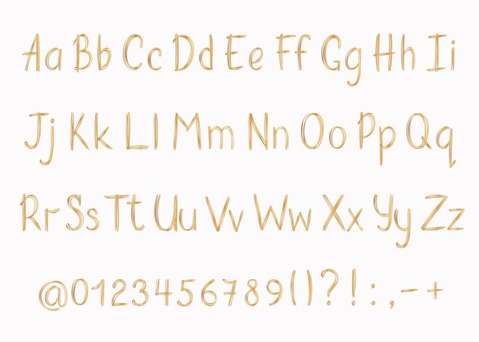 Golden alphabet in sketchy style. Vector handwritten pencil letters, numbers and punctuation marks. Gold pen handwriting font.