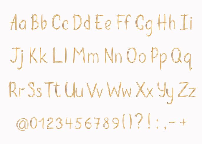 Golden alphabet in sketchy style. Vector handwritten pencil letters, numbers and punctuation marks. Gold pen handwriting font.