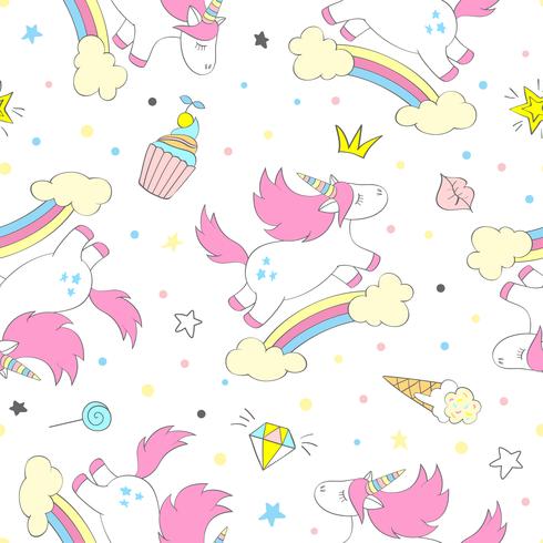 Patrón de unicornio de vector inconsútil para textiles de niños, estampados, papel de pared, sccrapbooking. Garabatee el unicornio lindo con los elementos del doodle que repiten el fondo.