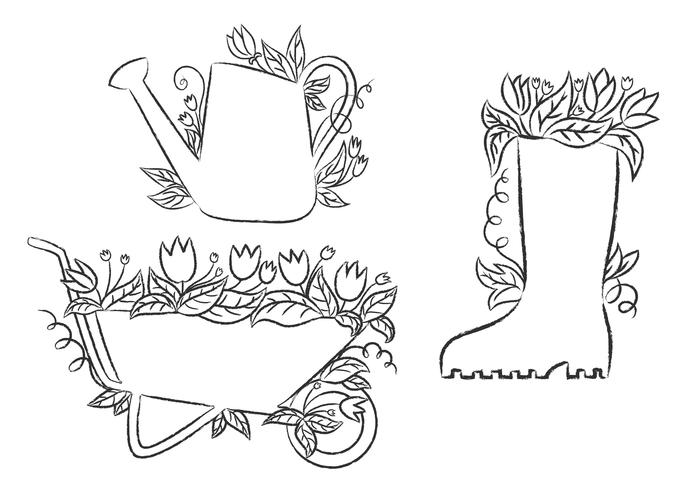 Grunge contours of watering can, boot and barrow with leaves and flowers. Collection of grunge contour gardening placards. vector