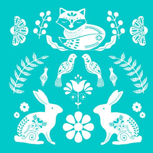 Scandinavian folk art pattern with tiny house, birds and flowers  vector