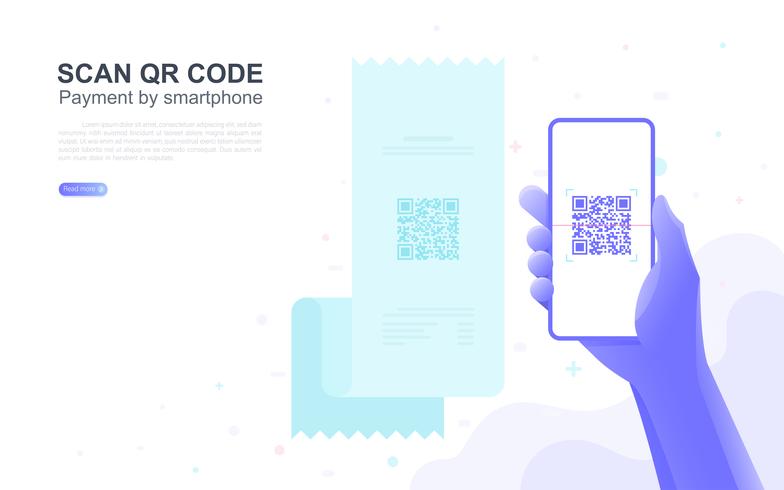 Pago por teléfono inteligente escanear código QR con espacio de copia. vector