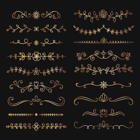 Collection of golden hand drawn flourish text dividers. Doodle gold botanical borders for typography design, invitations, greeting cards. Calligraphic and floral design elements. vector