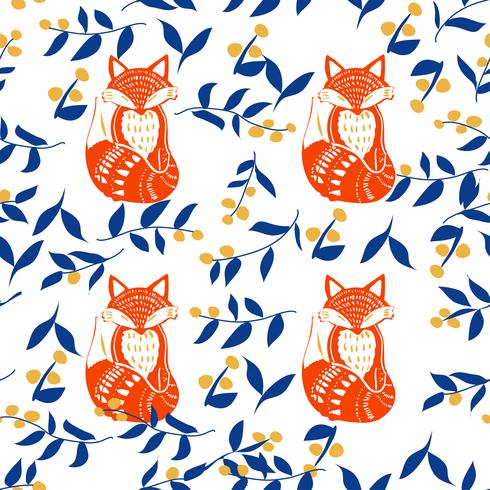 Scandinaviat folk art with fox, nordic style blockprint imitation vector