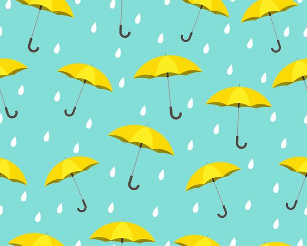  Seamless pattern of yellow umbrella with drops raining on blue background - Vector illustration