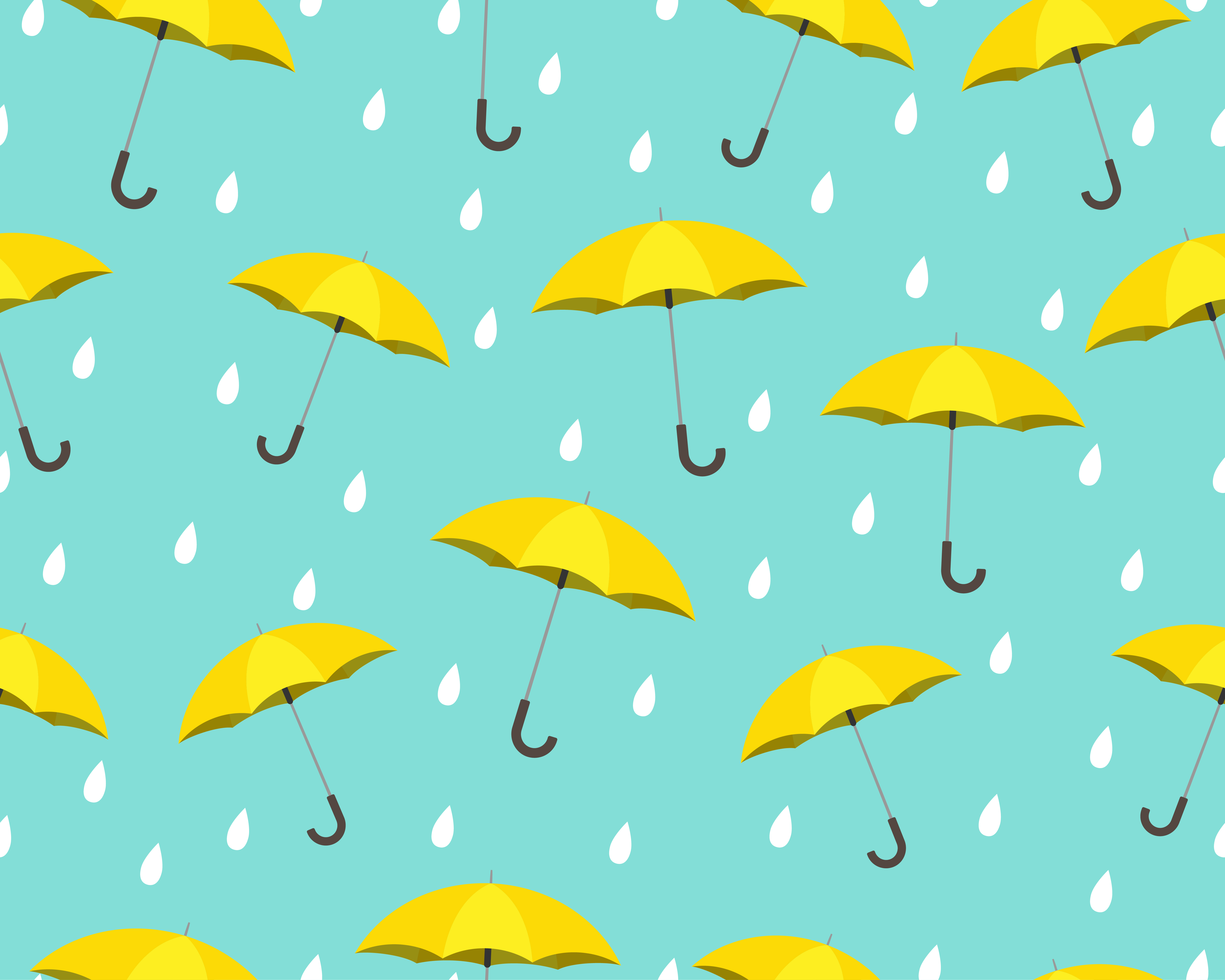 Seamless pattern of yellow umbrella with drops raining on blue