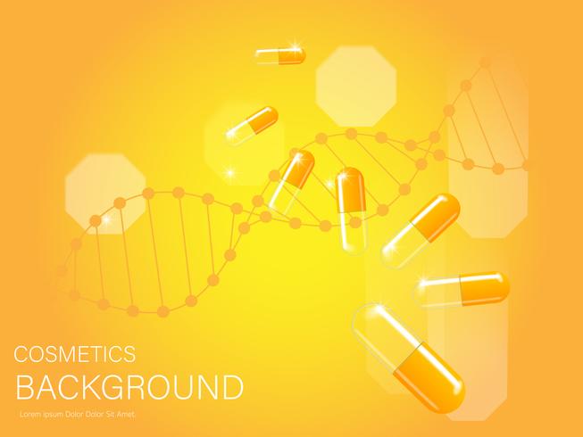 Vector de estructura de ADN dorado. Fondo de lujo del bokeh de los cosméticos del cuidado de piel de la belleza.