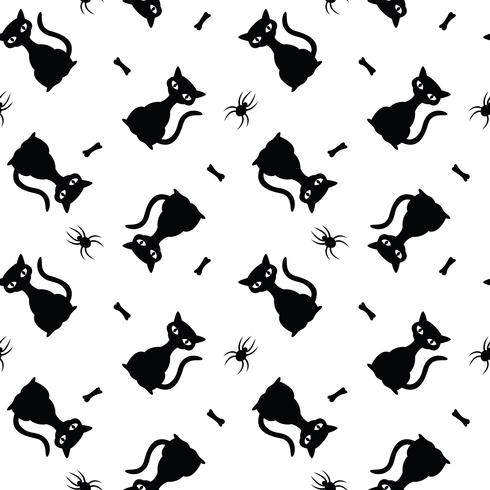 Seamless vector halloween pattern with black cats, spiders and bones.