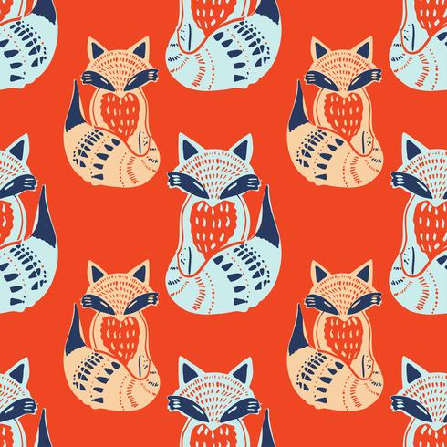 Scandinaviat folk art with fox, nordic style blockprint imitation vector