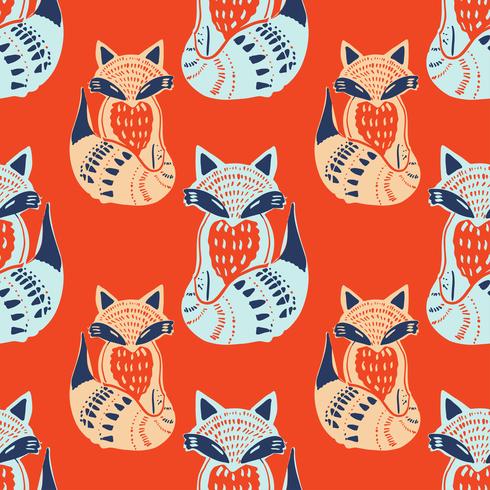 Scandinaviat folk art with fox, nordic style blockprint imitation vector