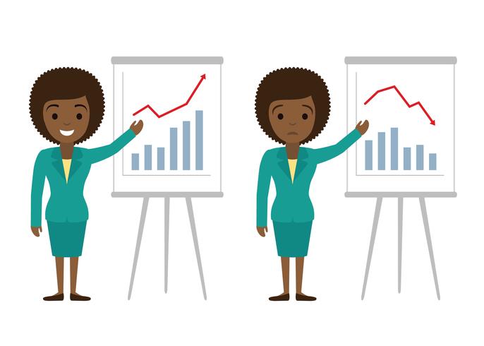 Vector illustration of afro american businesswoman showing graphics. Financial success, financial loss flat illustration concepts. Flat design concepts for web banners, web sites, infographics.