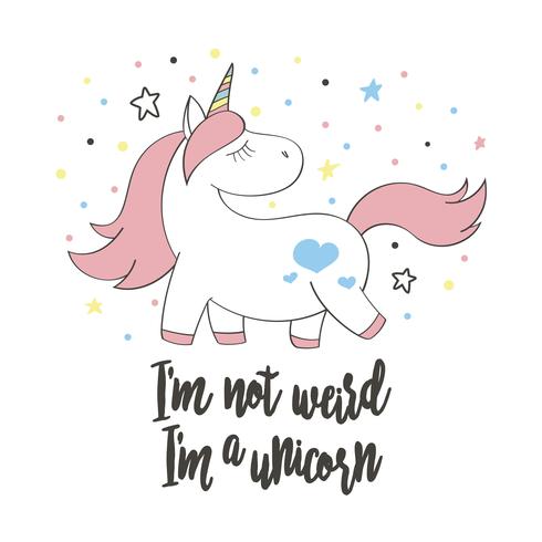 Unicornio lindo mágico en estilo de dibujos animados. Doodle Unicorn para tarjetas, posters, estampados de camisetas, diseño textil. vector