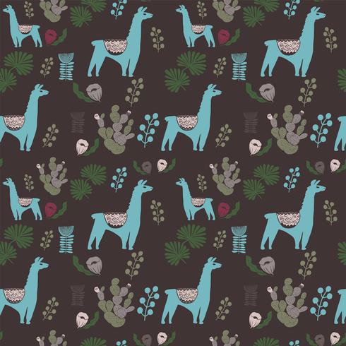 Illustration with llama and cactus plants. Vector seamless pattern on botanical background. Greeting card with Alpaca. Seamless pattern