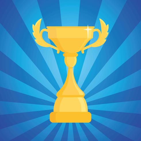 Award trophy vector illustration. Cup of the winner on a blue striped background with light.