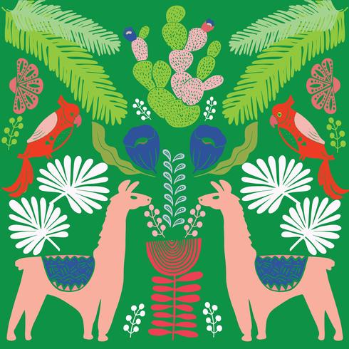 Illustration with llama and cactus plants. Vector seamless pattern on botanical background. Greeting card with Alpaca. Seamless pattern