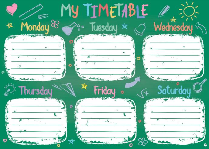 School timetable template on chalk board with hand written colored chalk text. Weekly lessons shedule in sketchy style decorated with hand drawn school doodles on green board. vector