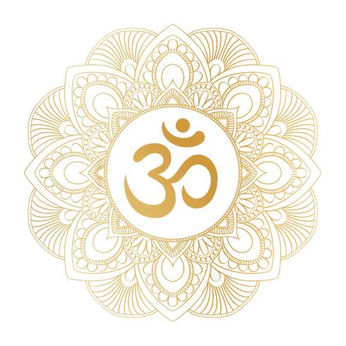 Golden Aum Om Ohm symbol in decorative round mandala ornament, perfect for t- shirt prints, posters, textile design, typography goods. vector