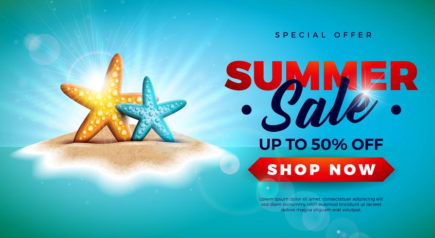 Summer Sale Design with Starfish on Tropical Island Background. Vector Special Offer Illustration with Blue Ocean Landscape