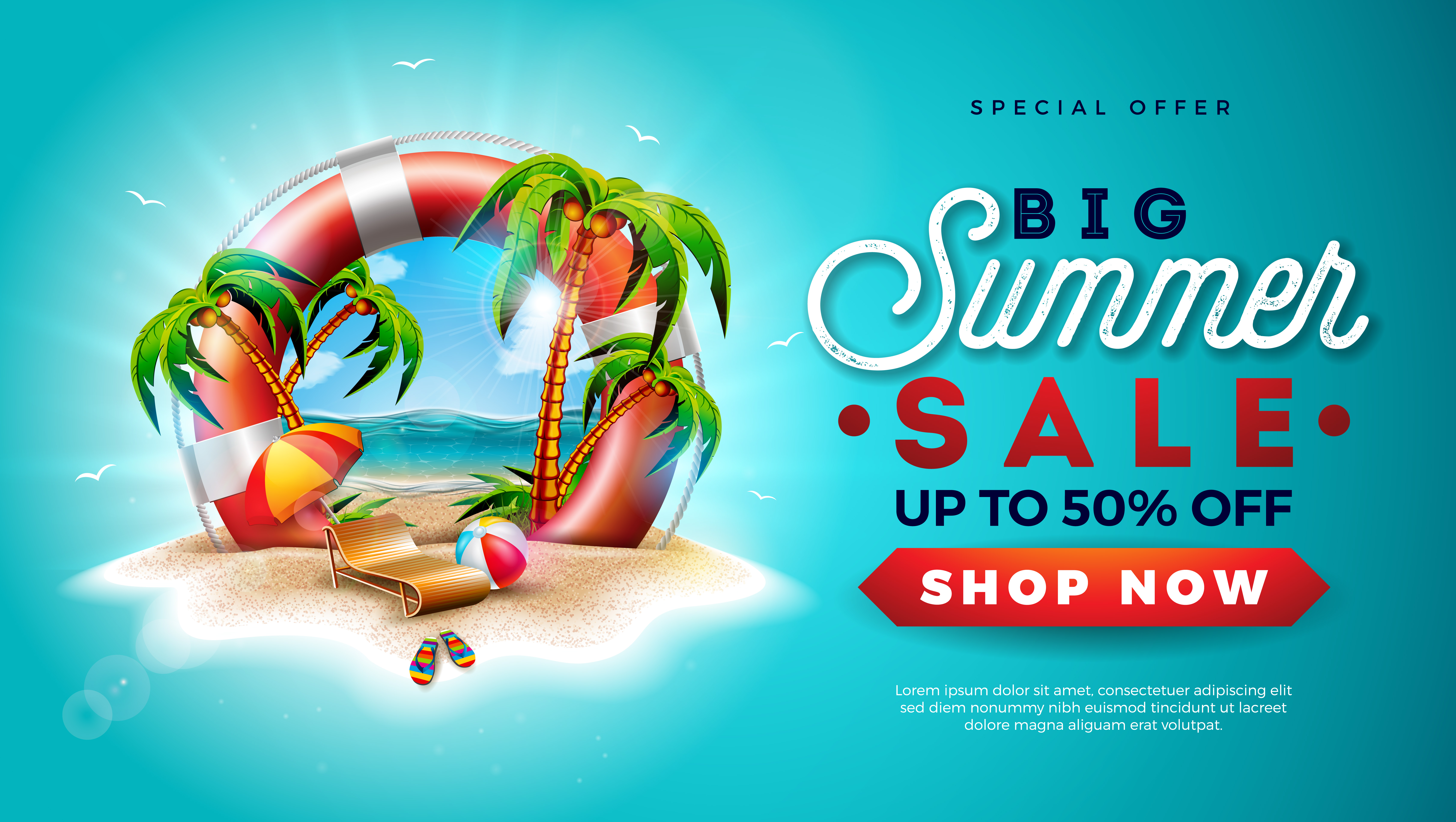 Download Summer Sale Design with Lifebelt and Exotic Palm Trees on Tropical Island Background. Vector ...